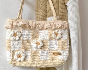 Daisy Crochet Bag, Handmade Floral Shoulder Bag, Cottagecore Purse, Granny Square Crochet Tote, Beige Flower Handbag, Gift for Her