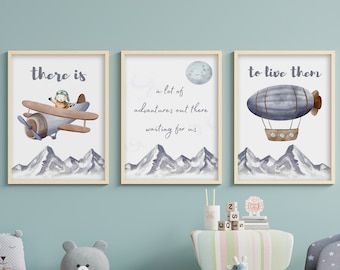 Adventure Nursery Wall Art with Airplane, Printable set of 3 Boys Kids Room Decor, Plane Modern Wall Hanging Decoration, Inspirational Quote