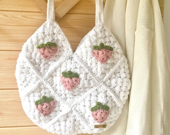 Strawberry Crochet Bag, White Granny Square Tote, Pink Fruit Purse, Cottagecore Shoulder Bag