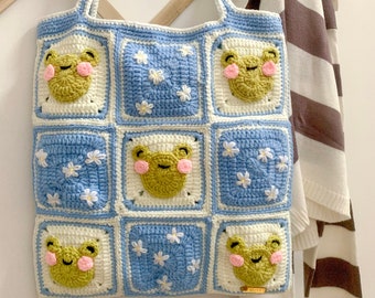 Blue Frog Crochet Tote Bag, Large Crochet Bag, Daisy with Frog Bag, Handmade Crochet Shoulder Bag, Granny Square Tote Bag