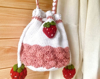Pink Strawberry Crochet Drawstring Bag – Handmade Coquette Shoulder Purse, Cute Spring & Summer Gift