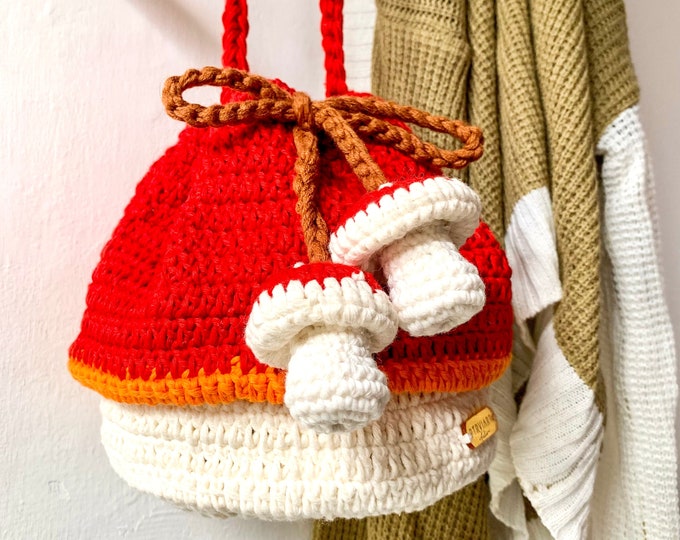 Red Mushroom Crochet Bag, Cute Mushroom Drawstring Bag, Small Crochet