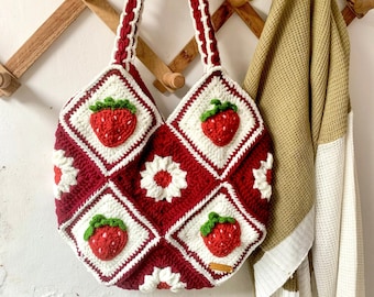 Maroon Strawberry Tote Bag, Crochet Tote Bag, Granny Square Bag, Cute Crochet Shoulder Bag, Handmade Crochet Bag