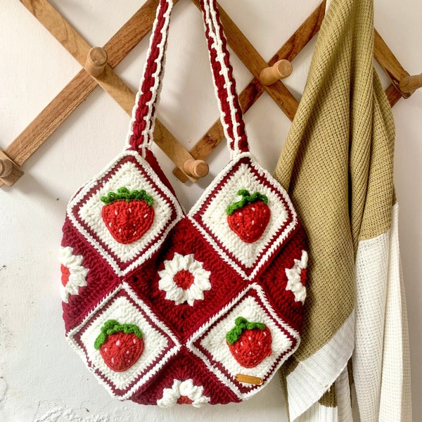 Maroon Strawberry Tote Bag, Crochet Tote Bag, Granny Square Bag, Cute Crochet Shoulder Bag, Handmade Crochet Bag