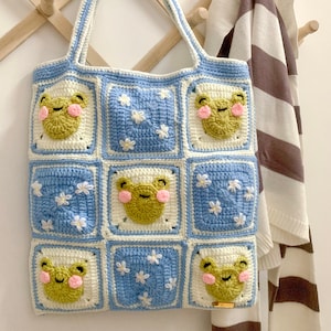 Blauer Frosch Häkeln Tote Bag, Große Häkeltasche, Gänseblümchen mit Frosch Tasche, Handgemachte Gehäkelte Schultertasche, Oma Quadrat Einkaufstasche