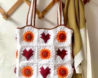 White Boho Crochet Tote Bag, Love Crochet Bag, Granny Square Crochet, Large Tote Bag, Handmade Bag -- ONLY ONE AVAILABLE