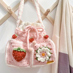 Pink Strawberry Crochet Drawstring Bag, Handmade Kawaii Cottagecore Purse, Cute Summer Gift