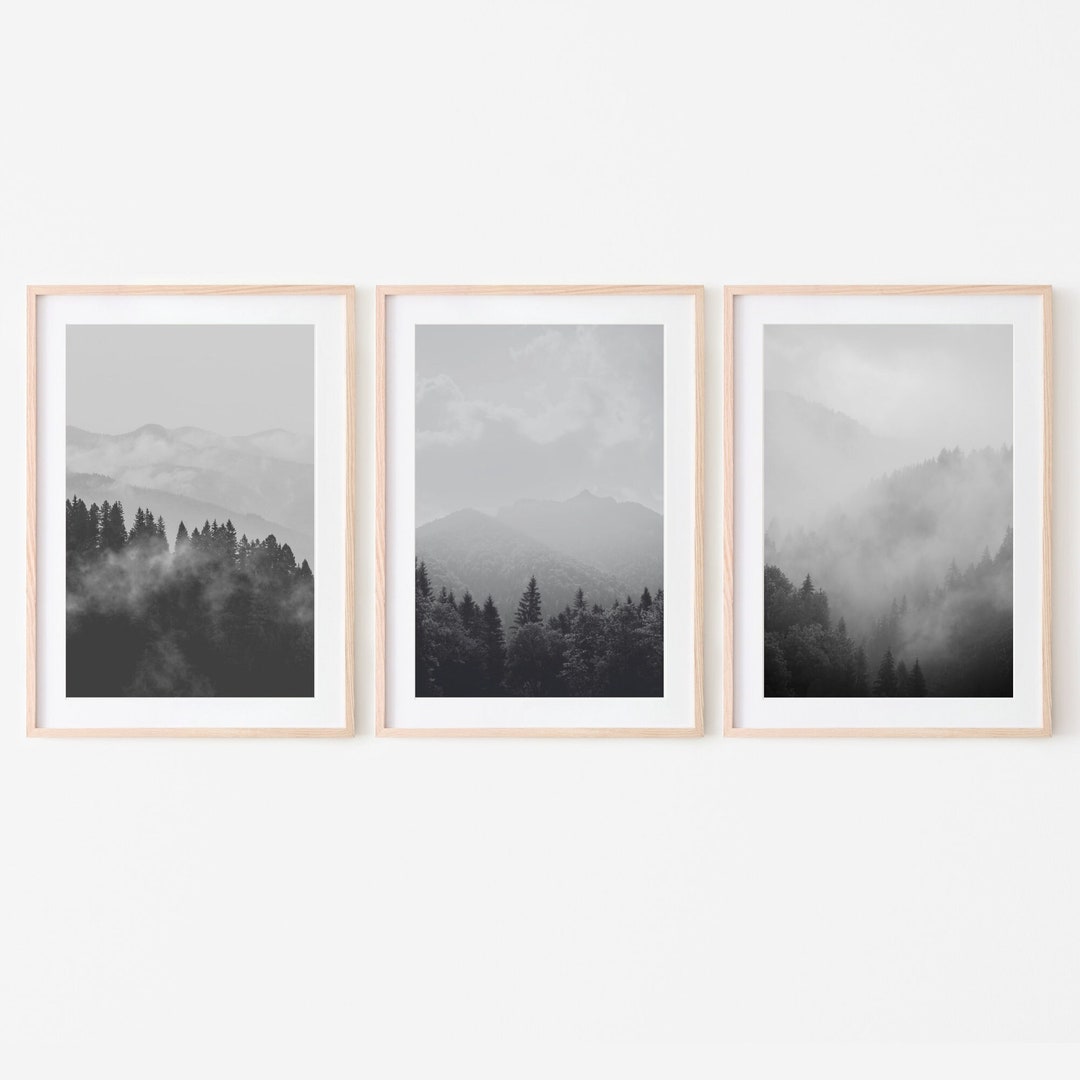 Misty Forest Wall Art Printable, Set of 3 Black and White Nature ...
