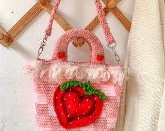Erdbeere Handtasche Häkeltasche, Erdbeere Umhängetasche, Crossbody Häkeltasche, süße rosa Tasche, geometrische Häkeltasche