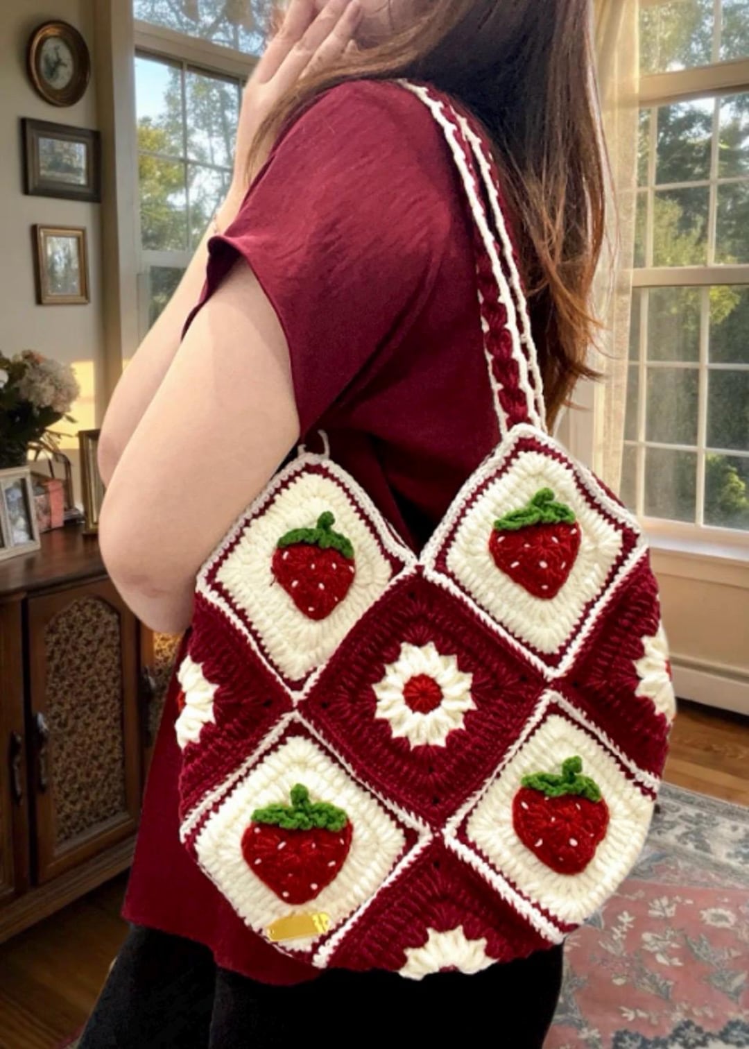Maroon Strawberry Crochet Tote Bag – Handmade Patchwork Granny
