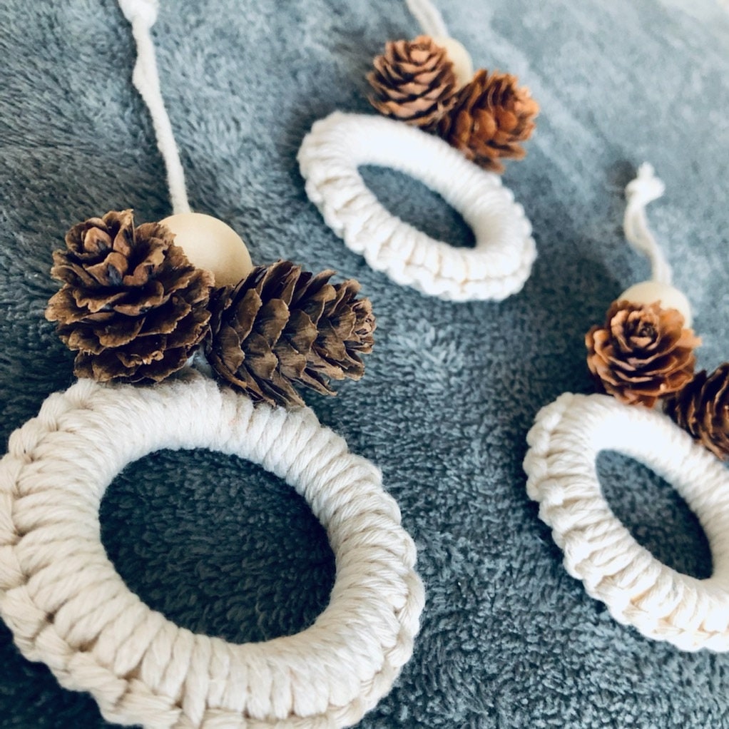 Lot de 3 Boules Noël en Macramé, Suspension Pour Sapin, Coton Naturel 100% Recyclé