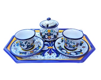 Service à café en céramique majolique Deruta décoration peinte à la main Rich Deruta bleu