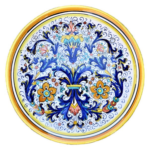 Piatto in ceramica maiolica Deruta da parete dipinto a mano decoro Ricco Deruta Giallo classico