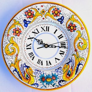 Deruta Raphaelesque Ceramic Clock with Two Hand-Painted Dragons | Majolica Wall Clock | Made in Italy