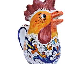 Pichet coq en céramique majolique Deruta peint à la main avec décoration Ricco Deruta Blue