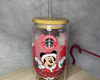 Mickey Christmas glass with bamboo lid and glass straw