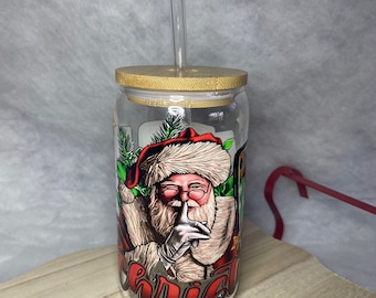 Santa love glass with bamboo lid and glass straw
