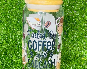 Coffee and sarcasm glass with bamboo lid and glass straw