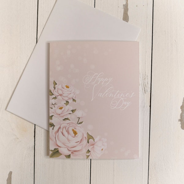 Happy Valentine's Day Card, Elegant Peony Flower Card, Classy Blush Pink Peonies, Vday Card for Lover, Smooth Matte Valentines Card