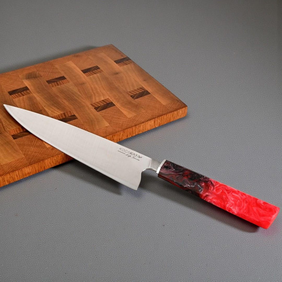 Red Custom Knives Personalized Chef Knife Red Epoxy Handle 230mm High Carbon Blade ...