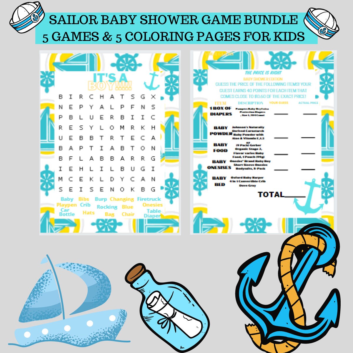 Sailor Baby Shower Game Bundle, Nautical Baby Shower, Instant Download, Sea Baby Shower Instant ...