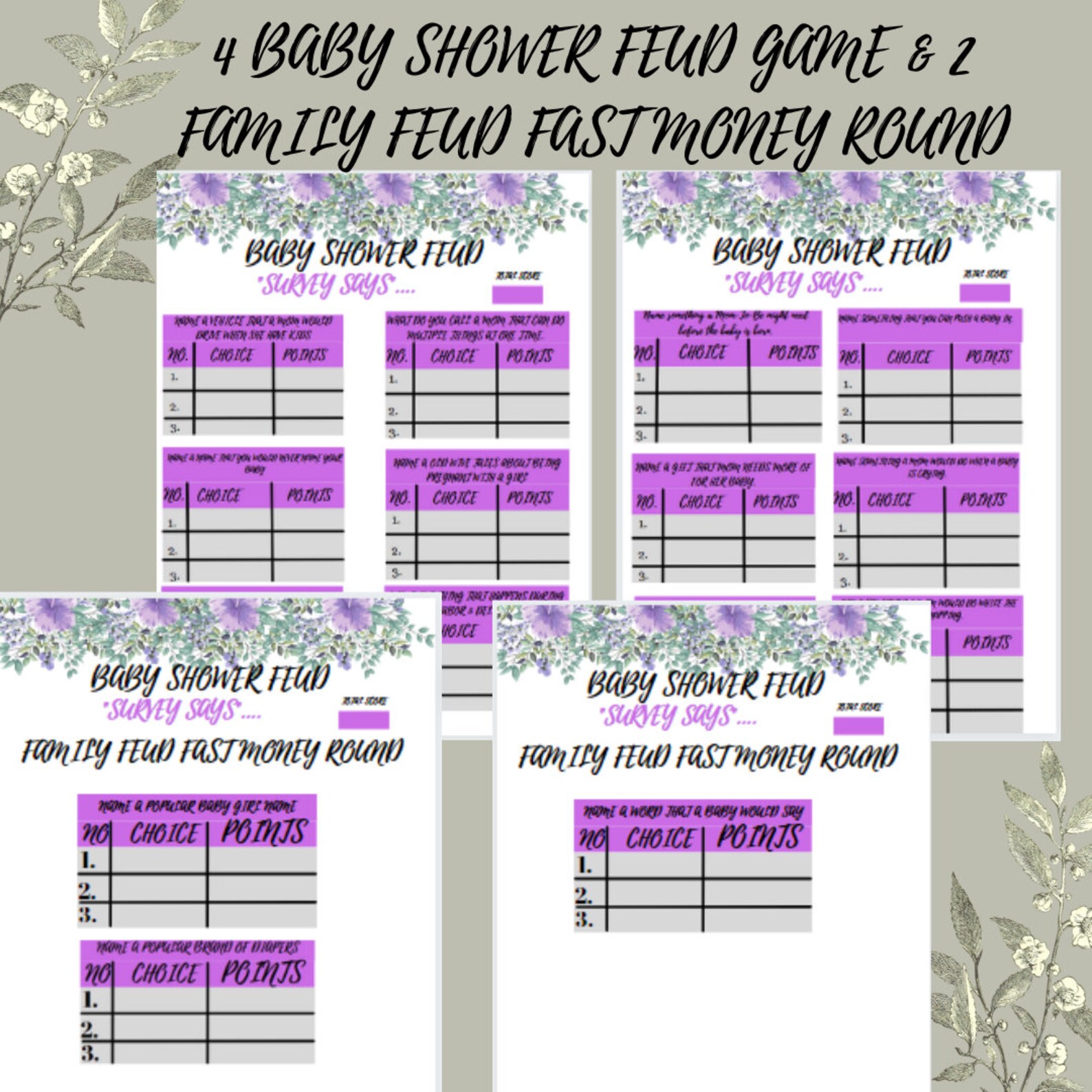 Baby Shower Family Feud Game, Baby Shower Games, Printable Game, Purple