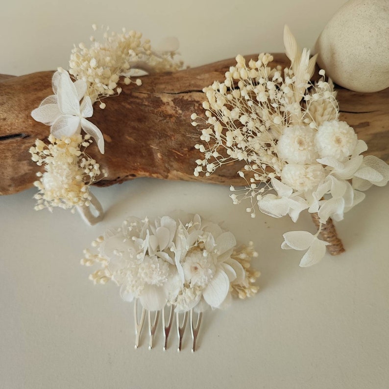 Comb made of dried and preserved flowers Wedding accessory Bride Bridesmaid WHITE Collection image 5