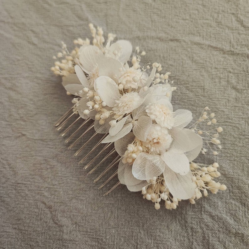 Peigne en fleurs séchées et stabilisées Accessoire mariage Mariée Demoiselle d'honneur Collection BLANC image 2