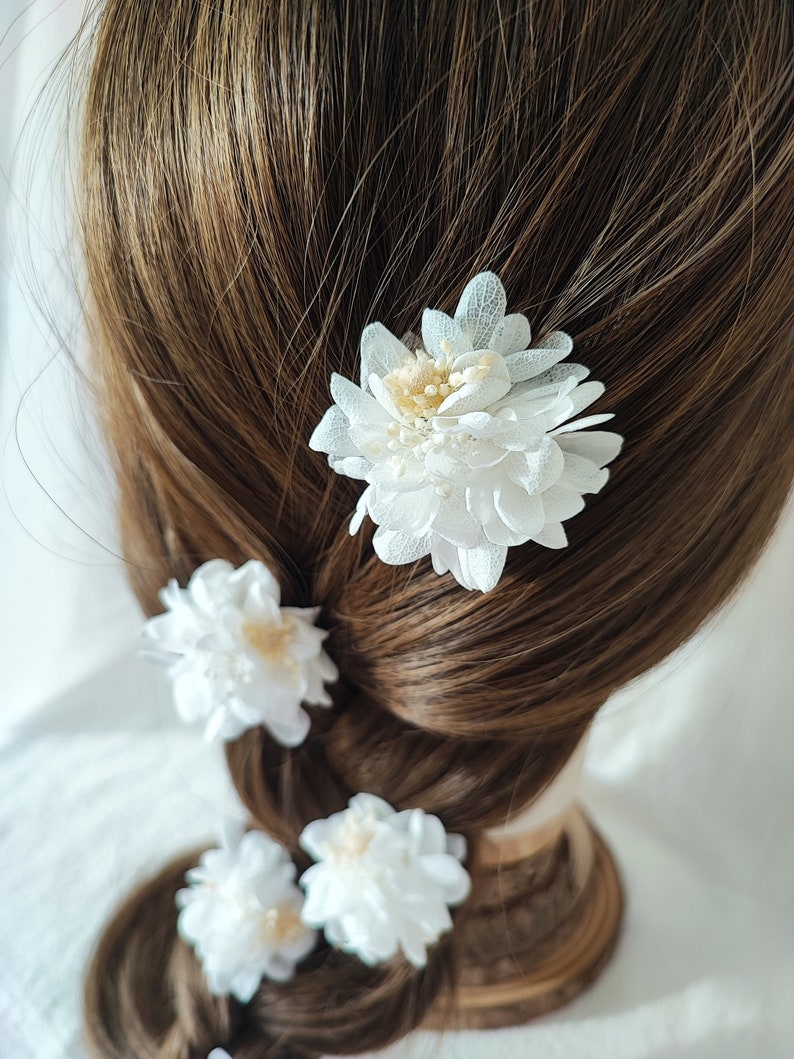 Lot de 5 barrettes à cheveux en fleurs séchées et stabilisées Accessoire mariage Mariée Demoiselle d'honneur Collection BLANC image 8