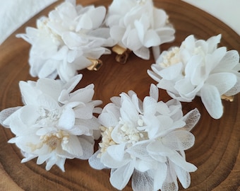 Lot de 5 barrettes à cheveux en fleurs séchées et stabilisées Accessoire mariage - Mariée - Demoiselle d'honneur Collection BLANC