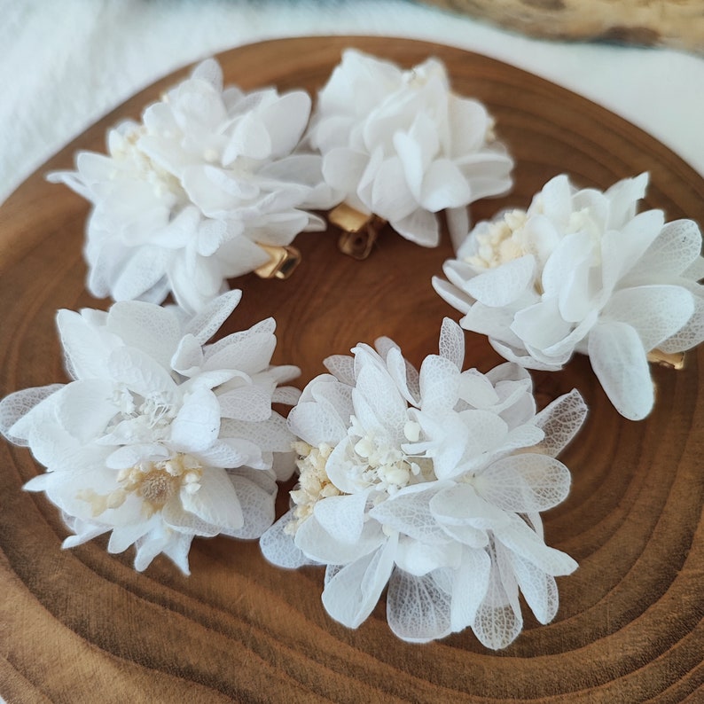 Set of 5 hair clips made of dried and preserved flowers Wedding accessory Bride Bridesmaid WHITE Collection image 1