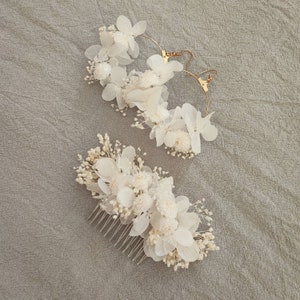 Peigne en fleurs séchées et stabilisées Accessoire mariage Mariée Demoiselle d'honneur Collection BLANC image 5