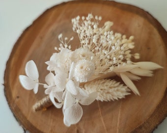 Boutonnière en fleurs séchées et stabilisées Accessoire mariage - Marié - Témoins Collection BLANC