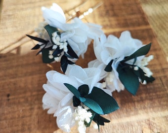 Lot de 3 Pics à cheveux en fleurs séchées et stabilisées Accessoire mariage - Mariée - Demoiselle d'honneur Collection VERT