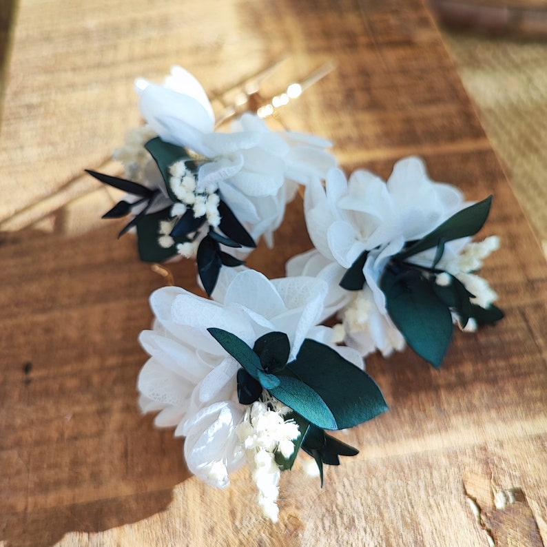 Lot de 3 Pics à cheveux en fleurs séchées et stabilisées Accessoire mariage Mariée Demoiselle d'honneur Collection VERT image 1