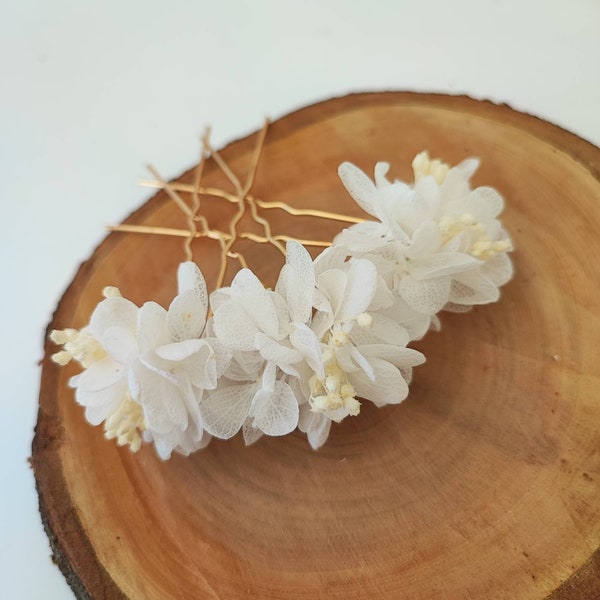 Lot de 3 Pics à cheveux en fleurs séchées et stabilisées Accessoire mariage - Mariée - Demoiselle d'honneur Collection BLANC