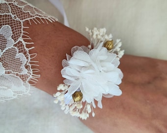 Bracelet en fleurs séchées et stabilisées Accessoire mariage - Mariée - Demoiselle d'honneur Collection BLANC