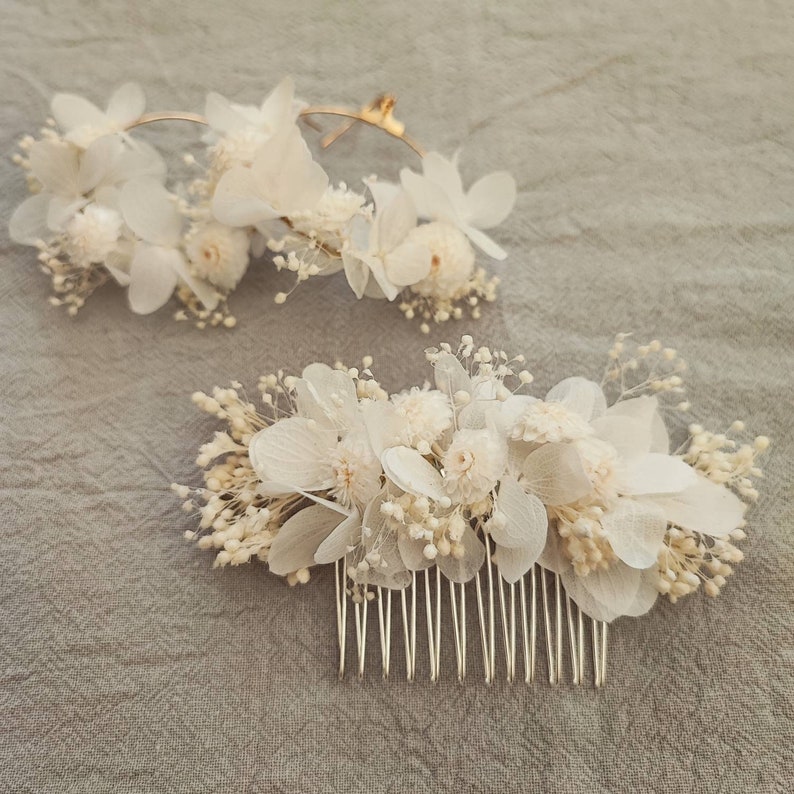 Peigne en fleurs séchées et stabilisées Accessoire mariage Mariée Demoiselle d'honneur Collection BLANC image 4