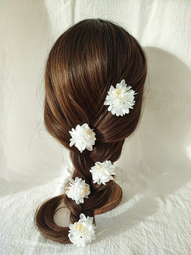 Lot de 5 barrettes à cheveux en fleurs séchées et stabilisées Accessoire mariage Mariée Demoiselle d'honneur Collection BLANC image 7