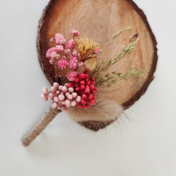 Boutonnière en fleurs séchées et stabilisées Accessoire mariage - Marié - Témoins Collection ROSE