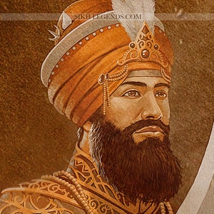 May include: A painting of a man with a long beard wearing a turban with a feather on top. He is wearing a gold and brown patterned robe and has a serious expression on his face. The background is a brown colour.