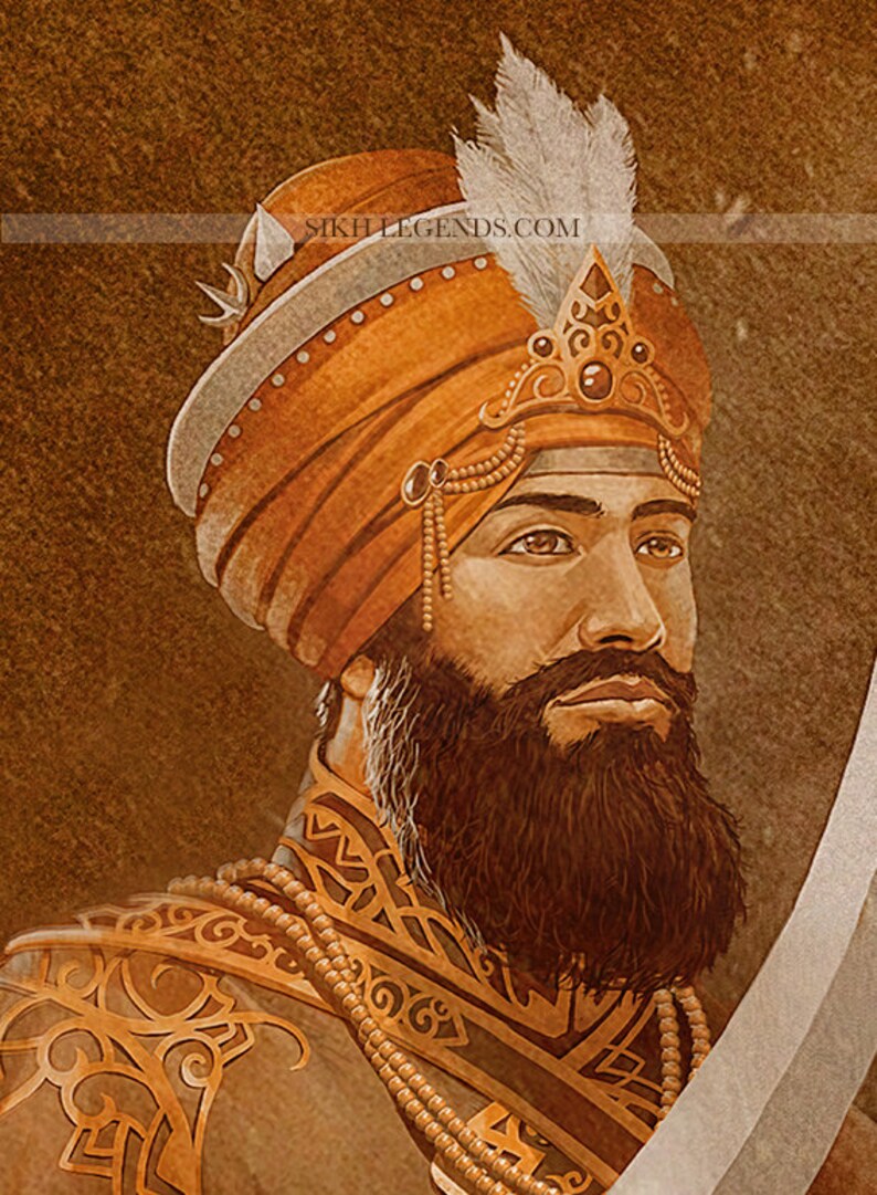 May include: A painting of a man with a long beard wearing a turban with a feather on top. He is wearing a gold and brown patterned robe and has a serious expression on his face. The background is a brown colour.