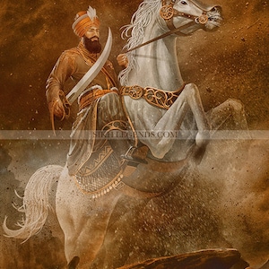 May include: A painting depicting a warrior on horseback, riding through a fiery landscape. The warrior is wearing a turban and holding a sword. The horse is white and has a golden saddle. The background is a fiery orange and brown.