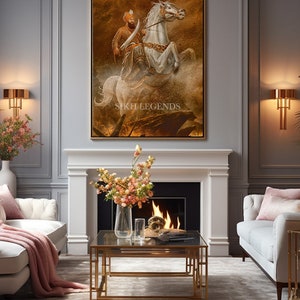 May include: A painting depicting a man on a white horse, set against a golden background. The man is wearing a turban and holding a sword. The painting is titled "SIKH LEGENDS".