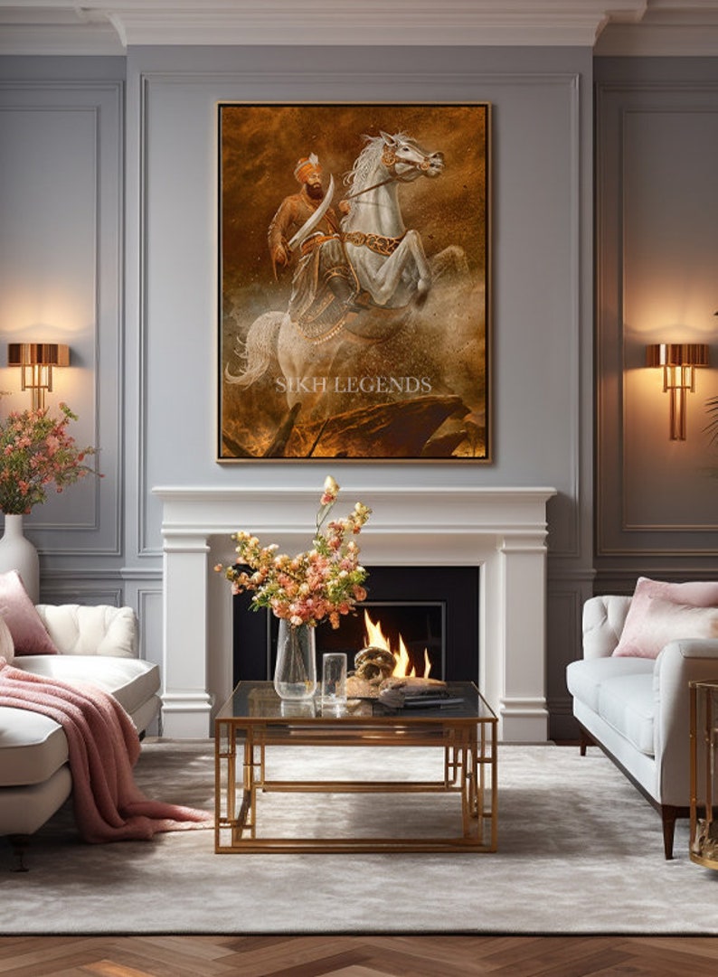 May include: A painting depicting a man on a white horse, set against a golden background. The man is wearing a turban and holding a sword. The painting is titled "SIKH LEGENDS".