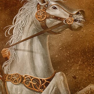 May include: A white horse with a gold and brown bridle and harness. The horse is rearing up and its mouth is open, showing its teeth. The background is a brown, textured surface.