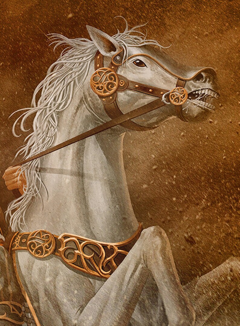 May include: A white horse with a gold and brown bridle and harness. The horse is rearing up and its mouth is open, showing its teeth. The background is a brown, textured surface.