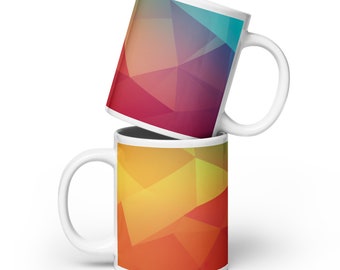 White Glossy Mug - Colourful Geometric Design Tea / Coffee Mug - Warm Colours