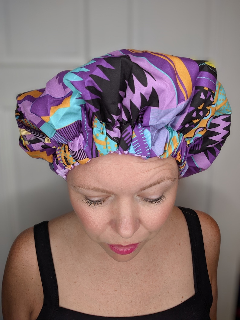 Satin Bonnet for curly girl. Extra Large Sleeping bonnet for curly hair. purple and black