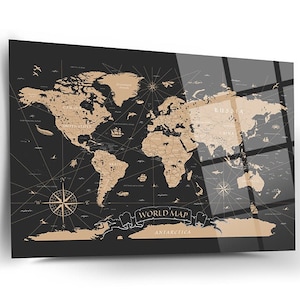 Wereldkaart Wanddecoratie, Glazen Kunst aan de Muur, Frameless Free Floating Gehard Glas Paneel, Home Office Woonkamer Decoratie, Housewarming Gift